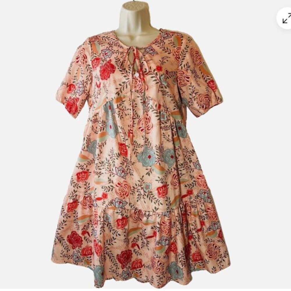 MISSLOOK Peach Floral Puff Sleeve V-Neck Tiered Ruffle Midi Dress - Size XL